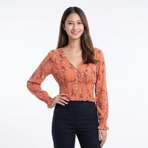 Streetwear Society Smocked Floral Boho Top Long Sleeves Elastic Cuffs Waist Med